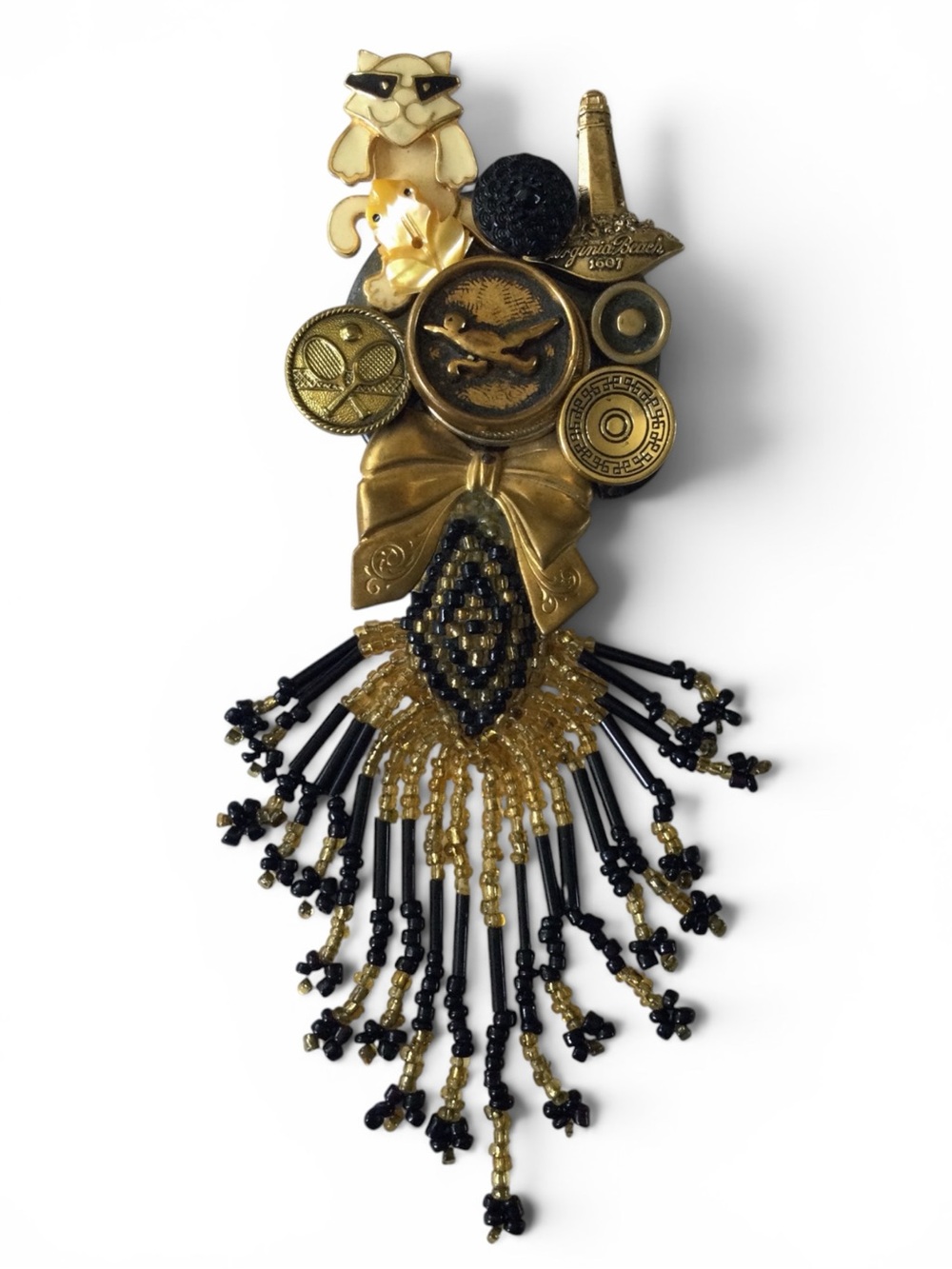 Vintage Edgar Berebi Rare Brass Steampunk Mixed‑Media Charm Fringe Brooch